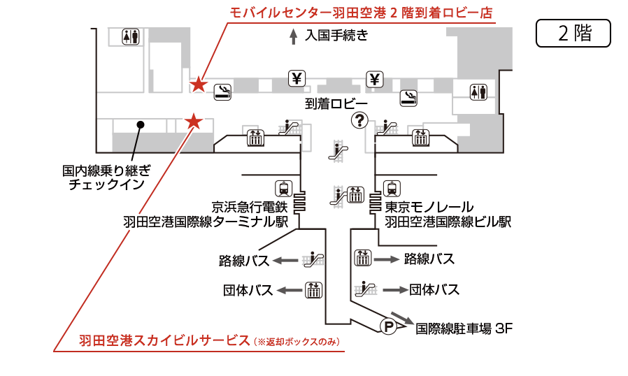 羽田空港国際線ターミナル2階　到着ロビー　ANA手荷物宅配カウンター（※返却ボックスのみ）　モバイルセンター羽田空港2階到着ロビー店
